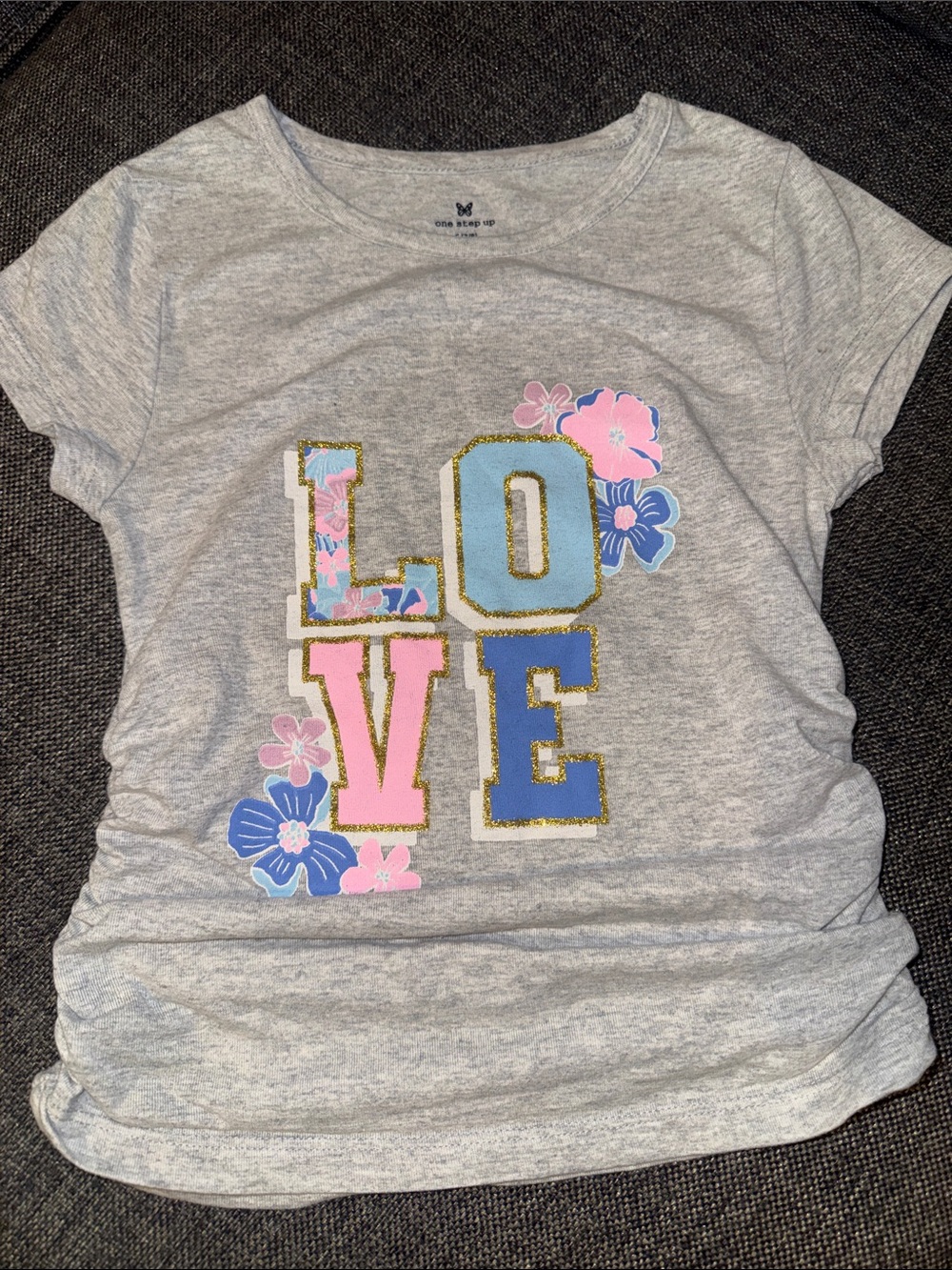 One Step Ahead Gray Tee with Pink & Blue LOVE Floral Graphic